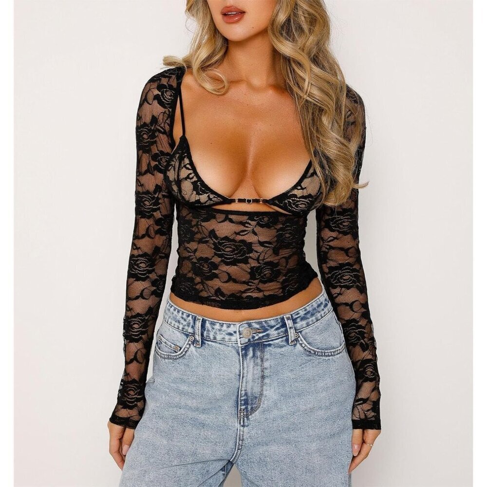 Women Y2K Lace Long Sleeve Top Mesh Sheer Crop Top Fairy Grunge Festival - Picture 4 of 7